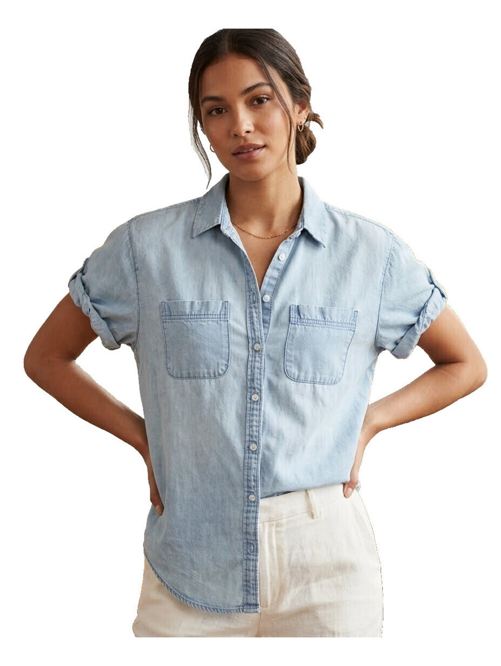 Light Wash Express XS Denim chambray Jean shirt short sleeves pockets Blue